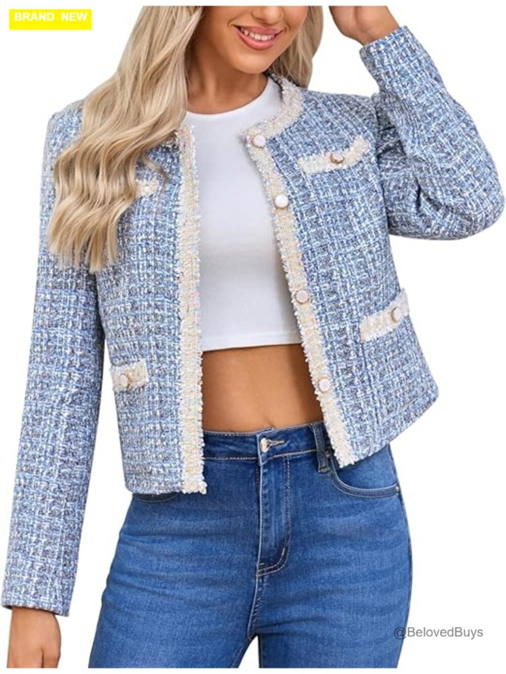 Women's Tweed Cropped Blazer Long Sleeve Crewneck Open Front Lace Trim Plaid